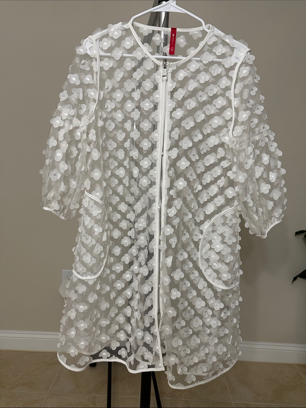 White Floral Applique Sheer Trench Coat